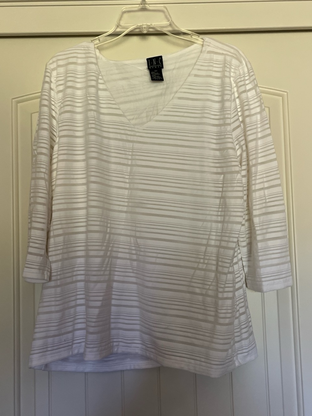 INC International Concepts White Striped V-Neck Long Sleeve Top
